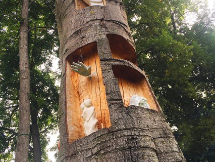 Kunst in gefällter Rotbuche (von verschiedenen Künstlern aus dem Kunsthaus Kannen)